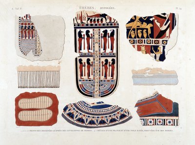 Tebas, Hipócrates: 1.2.3.6.7.8. pinturas de envelopes de múmia 4.5. Detalhes de uma franja e uma tela listrada, encontrados em múmias - em "Descrição do Egito" 1809, Antiquite vol 2 pl 112 de Unknown artist