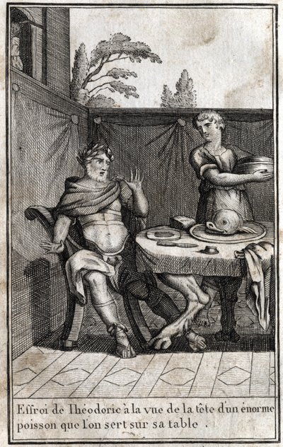 Teodórico o Grande (ca. 454/455-526), rei dos Godos, está assustado com a visão da cabeça de um enorme peixe servindo em sua mesa. Gravura em "Beaute de l