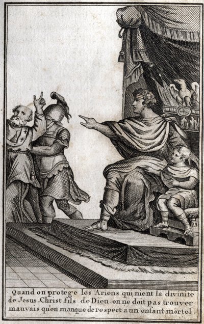 Teodósio I (Flávio Teodósio) (347-395), imperador romano, teve Anfiloque, eveque de Icone, preso por desrespeito ao seu filho, Arcadius (377-408). A eveque declara: "Quando protegemos os arianos que negam a divindade de Jesus Cristo, filho de Deus, devemos de Unknown artist