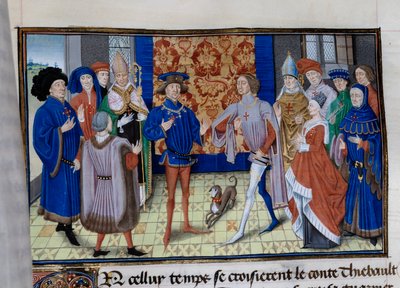 Thibaut III de Champagne (1179-1201), Louis (falecido em 1205), Conde de Blois e Chartres, e Baudouin IX de Flandres (ou Baudouin VI de Hainaut), conhecido como Baudouin I de Constantinopla (1171-1206), encontram-se. Miniatura em "Chronicle du temps de Her de Unknown artist