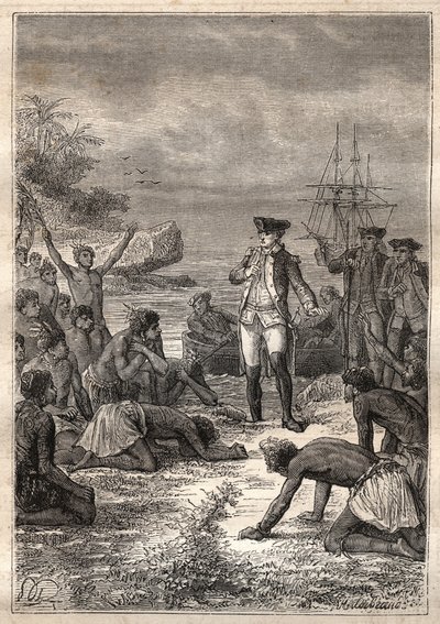 Terceira viagem (1776-1779) do Capitão James Cook (1728-1779): Cook é recebido pelos nativos (Havaí) - ilustração tirada de "Os Grandes Marinheiros do Século 18". de Unknown artist