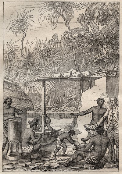 Terceira viagem (1776-1779) do Capitão James Cook (1728-1779): sacrifício humano ao Taiti - ilustração tirada de "Os Grandes Marinheiros do século XVIII". de Unknown artist
