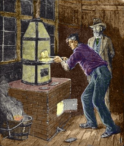 Thomas Edison faz experiências por volta de 1879 com papel carbono para a lâmpada incandescente. de Unknown artist