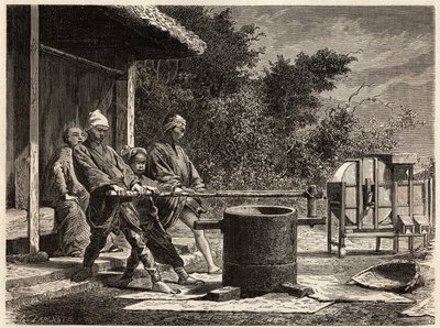 Três camponeses a operar o moinho de arroz. Gravura para ilustrar a viagem ao Japão em 1863-1864, de Aime Humbert, ministro da Confederação Suíça, no "Le tour du monde, nouveau journal des voyages", publicado sob a direção de Edouard Charton de Unknown artist