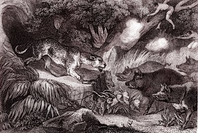Caça ao tigre na floresta amazónica (gravura) de Unknown Artist