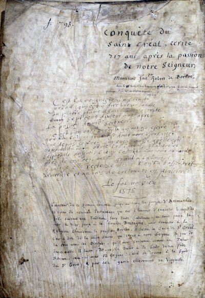 Página de título de um manuscrito: Conquista do Saint Gréal, escrito 717 anos após a paixão do nosso senhor. Bibliotheque municipale de Rennes, ms. 255 (Coleção de romances da Távola Redonda); Paris de Unknown artist