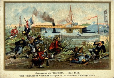 Campanha Tonkin: em Bac-Ninh, uma emboscada chinesa ataca o barco de armas "Mosquetão" - chromo, final do século XIX de Unknown artist