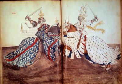 Torneio: Jogo do Senhor Chamador e Senhor Réu (Duque da Bretanha e Duque de Bourbon face). Manuscrito "Livro de torneios" (Folio 32v - folio33) de René d
