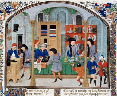 Cenário comercial: comerciantes em uma loja apresentam louça de mesa e prataria para seus clientes. Miniatura retirada de uma edição de "Ética, Política e Economia" do filósofo grego Aristóteles (384-322 a.C.) de Unknown artist