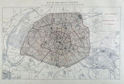 Transformações de Paris sob o Segundo Império, Haussmann Paris. Plano de Paris desde a anexação com a sua divisão em 20 arrondissements, em conformidade com a lei de 16 de Junho de 1859 - no "Atlas administratifs des arrondissements de la Ville de Paris". de Unknown artist