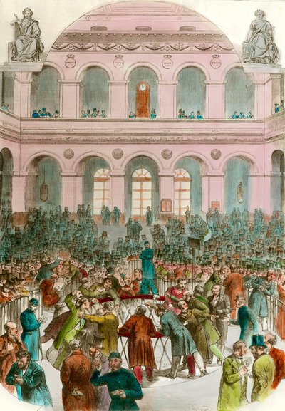 Lixo de agentes de intercâmbio na Bourse de Paris Engraving 1856 Colecção privada de Unknown artist