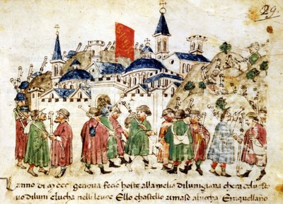 Os peregrinos viajantes chegam a Roma. Século XIV. Crónicas Sercambi. Lucca, Arquivo Nacional. de Unknown artist
