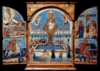 Tríptico da Virgem, fonte de vida Painel central: a Virgem atravessa uma fonte milagrosa de água. À esquerda, a ressurreição e o depoimento. Abaixo de um cavaleiro (São Jorge), derrubando um dragão. À direita, a crucificação e um trocadilho de cavaleiro. de Unknown artist