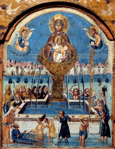 Tríptico da Virgem, fonte de vida A Virgem corta acima de uma fonte milagrosa de água. Paneu central, pintura sobre madeira do Oriente Médio. Século 19 Rouen musee des Beaux Arts de Unknown artist