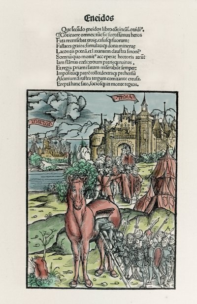 Troiano: Os guerreiros gregos deixam o cavalo depois de ele ter atravessado as muralhas da cidade. Eneide. Xilografia de Sebastian Brant. Estrasburgo de Unknown artist