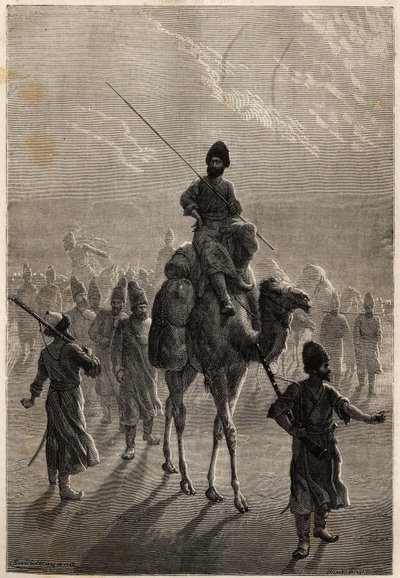 Prisioneiros turcos levados para Teerão com o propósito de trocar seu rancor ou troca contra outros prisioneiros. Gravura para ilustrar a história de Henri de Blocqueville "14 mois de captivite chez les turcomans" entre 1860 e 1861, em "Le tour du mo de Unknown artist