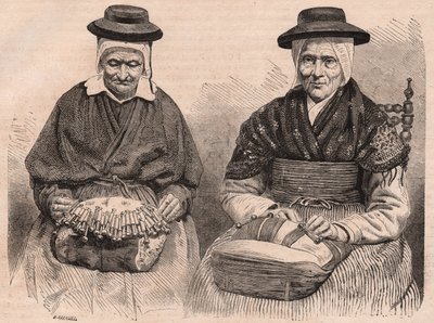 Dois fabricantes de rendas de bilro em Puy-en-Velay (Haute-Loire) Auvergne, França de Unknown