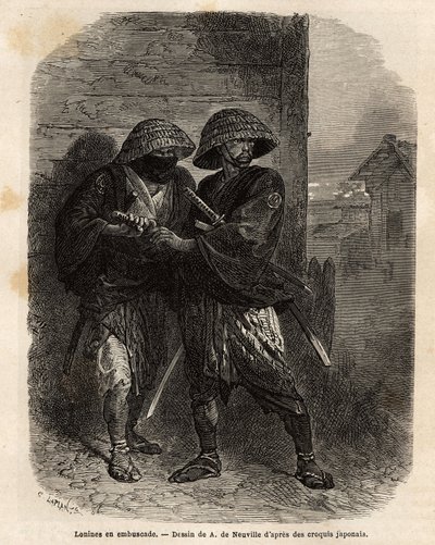 Dois ronins (samurais tendo perdido o seu mestre) de pé numa emboscada. Gravura para ilustrar a viagem ao Japão, em 1863-1864, de Aime Humbert, ministro da Confederação Suíça, no "Le tour du monde, nouveau journal des voyages" publicado sob a direcção de Unknown artist