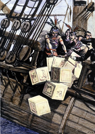 Guerra da Independência dos EUA: revolta dos colonos americanos (de origem britânica) contra os impostos impostos impostos pelo Parlamento inglês sobre o chá e outros produtos alimentares. Eles se disfarçam de índios e jogam a carga do chá no mar depois de de Unknown artist