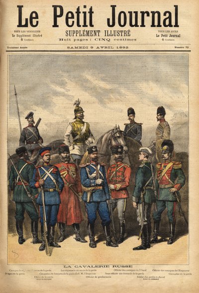 Uniformes da cavalaria russa, aliada da França, a cavalo da esquerda para a direita: Cossaco do Regimento da Guarda, o Regimento de Batalha da Guarda, oficial dos Cossacos dos Urais e oficial dos Cossacos do Imperador. Em primeiro plano, em pé, de pé. de Unknown artist