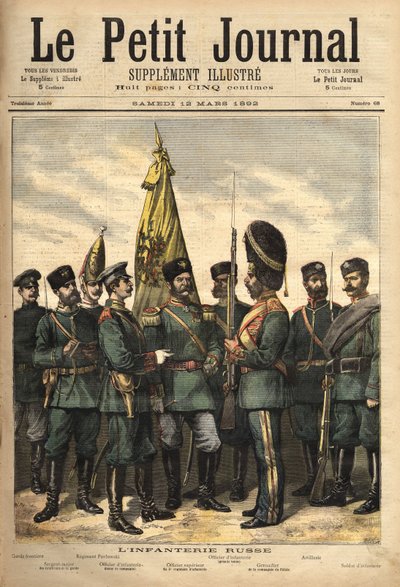 Uniformes da infantaria russa, aliados à França, da esquerda para a direita: a guarda de fronteira, o sargento-mor dos guardas, o regimento Pavlowski, o oficial, o oficial superior, o granadeiro do palácio, o uniforme de artilharia e o soldado. Gravação i de Unknown artist