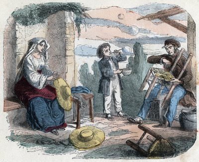 Uso da palha no século XIX: um homem guarnece uma cadeira com palha, uma mulher faz tranças (cestaria), uma criança faz bolhas de sabão com uma palhinha. Gravura no final do século XIX. de Unknown artist