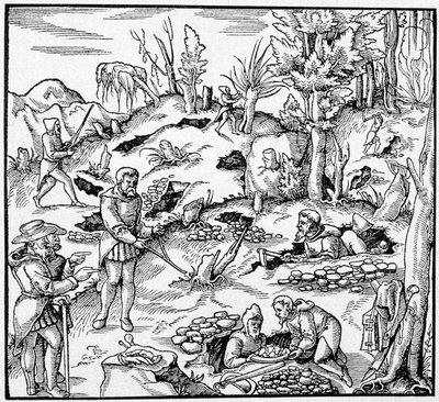Uso do balde mágico para procurar os tesouros da terra - em "O Livro das Minas" de Agricola de Unknown artist