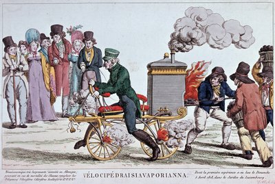 Velocipedraisiavaporianna: velocipede a vapor - gravura por volta de 1818, Bibl. da cidade de Paris. de Unknown artist
