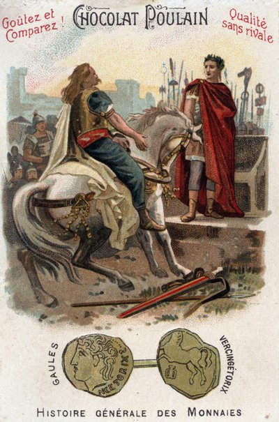 Vercingetorix (72-46 AC), líder da rebelião Gálica, depõe armas aos pés de César (100-44 AC), depois de perder definitivamente a cidade de Alesia - Na História Geral das Moedas - Cromolitografia Chocolate-Foal do final do século XIX - Col de Unknown artist