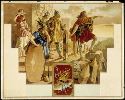 Vercingétorix rodeado de gauleses, guerreiros, mulheres e crianças - Cromolitografia de Unknown artist