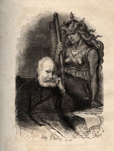 Victor Hugo sentado com uma deusa da guerra - gravura de "O Ano Terrível" ("The Terrible Year"), uma série de poemas que tratam do cerco e do trauma de perder o seu tão - Victor Hugo, haante par la deusa da guerrilha gravando em "L