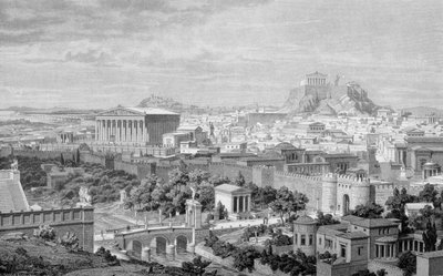 Vista de Atenas, do Templo de Adriano e da Acrópole. de Unknown artist