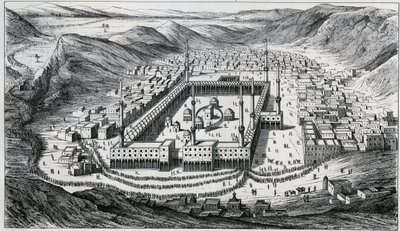 Vista de Meca e da sua grande mesquita na época da visita dos peregrinos - gravura do século XIX de Unknown artist