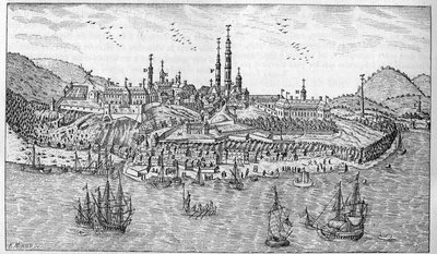 Vista da cidade de Quebec no Canadá (final do século 17): A. Jardin du fort. B. O forte. C. O armazém de pó. D. Os recoletos. E. Ursulines. F. Os jesuítas. G. A catedral. H. O seminário. I. O Hotel Dieu. L. O Hospital Geral. Mr. L