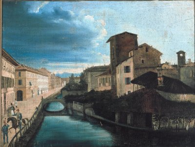 Vista do canal de San Gerolamo em Milão (óleo sobre madeira) de Unknown artist