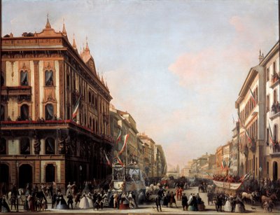 Vista da rua Venezia com carro alegórico de carnaval, Milão (pintura de Unknown artist