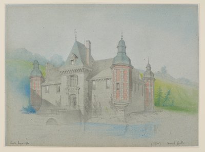 Vista de um castelo sobre um rio de Unknown artist