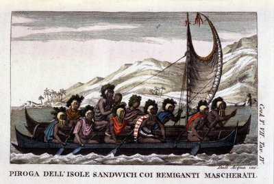 Vista de uma canoa com velas das ilhas havaianas na Polinésia, a tripulação usa máscaras típicas. Litografia do início do século XIX de Unknown artist