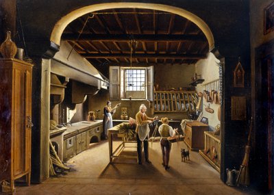 Vista de uma cozinha: as pessoas estão ocupadas de Unknown artist