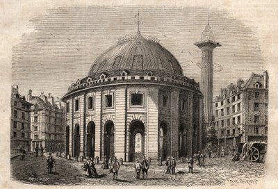 Vista do halle au ble em Paris (construído em 1763-1769) e da coluna Medici, gravada a partir do século XIX - troca de trigo e milho em Paris (construído em 1763-1769), gravada no início do século XIX - Vue de la Halle au ble, colocada no actual Hotel de S de Unknown artist