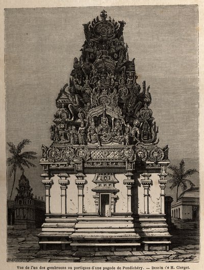 Vista de um dos gombroons ou pórticos de um pagode pondichery (Pondicherry) (Índia). Gravura para ilustrar uma expedição ao pagode de Chillambaran (Coromandel cote), de 1838 a 1844, pelo contra-almirante Paris, diretor do depósito de cartes de Unknown artist