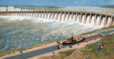 Vista da central hidroelétrica de Dnieper ou barragem de Dneprostroi, construída para estimular a industrialização soviética por Iosef Stalin em 1932 Cromolitografia de Unknown Artist
