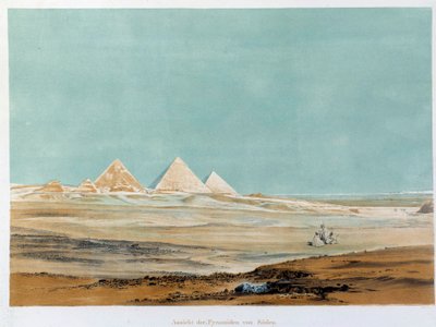 Vista das Pirâmides de Gyza (Guizeh, Giza, Giza), Egito. Ilustração da Paris do século XIX, colégio da França de Unknown artist