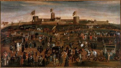Vista da cidade de Milão, do castelo do Sforza (castello Sforzesco) e do trânsito das carruagens Pintura anónima por volta de 1660-1670 Milão, museo di Milano de Unknown artist