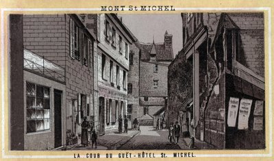 Vista do pátio do Guet Hotel (Guet-Hotel) em Mont Saint Michel, Manche, Normandia. Cromolitografia do final do século XIX. de Unknown artist