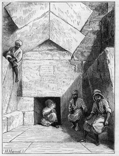 Vista da entrada para a pirâmide de Kheops (Cheops, Keops, Khoufu, Khufu) em Guizeh (Guiseh, Giza, Giza), Egito de Unknown artist
