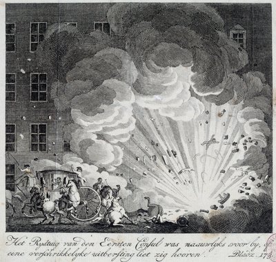 Vista da explosão da máquina infernal da rue Saint Nicaise, em Paris, no 3º nivose e IX. A conspiração da máquina infernal é uma conspiração para matar Napoleão Bonaparte, o novo Primeiro Cônsul após o golpe de Estado de 18 Brumaire. Um em de Unknown artist