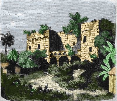 Vista da casa "Alcazar de Colón" construída por Cristóvão Colombo para seu filho Diego Colombo (Diego Colon y Moniz) (1480-1526), em uma ilha de Santo Domingo. Gravura do século XIX. de Unknown artist