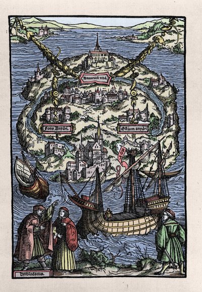 Vista da ilha de Utopia (Utopia) do livro de Thomas More (1478-1535), "De optmo republicae statu deque nova insula Utopia". Gravado por Johann Froben. 1518. de Unknown artist