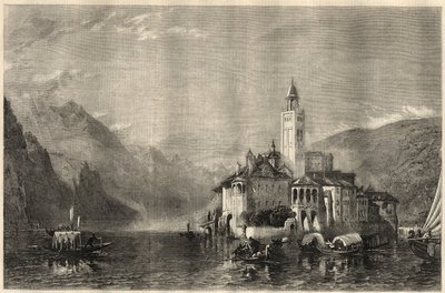 Vista do mosteiro Mater Ecclesiae na ilha de Saint Jules (San Giulio) no Lago Orta (Lago Cusio), na Itália. Gravura depois de uma pintura de William Collingwood Smith (1815-1887). Em "The Illustrated London News" de 22 de março de Unknown artist